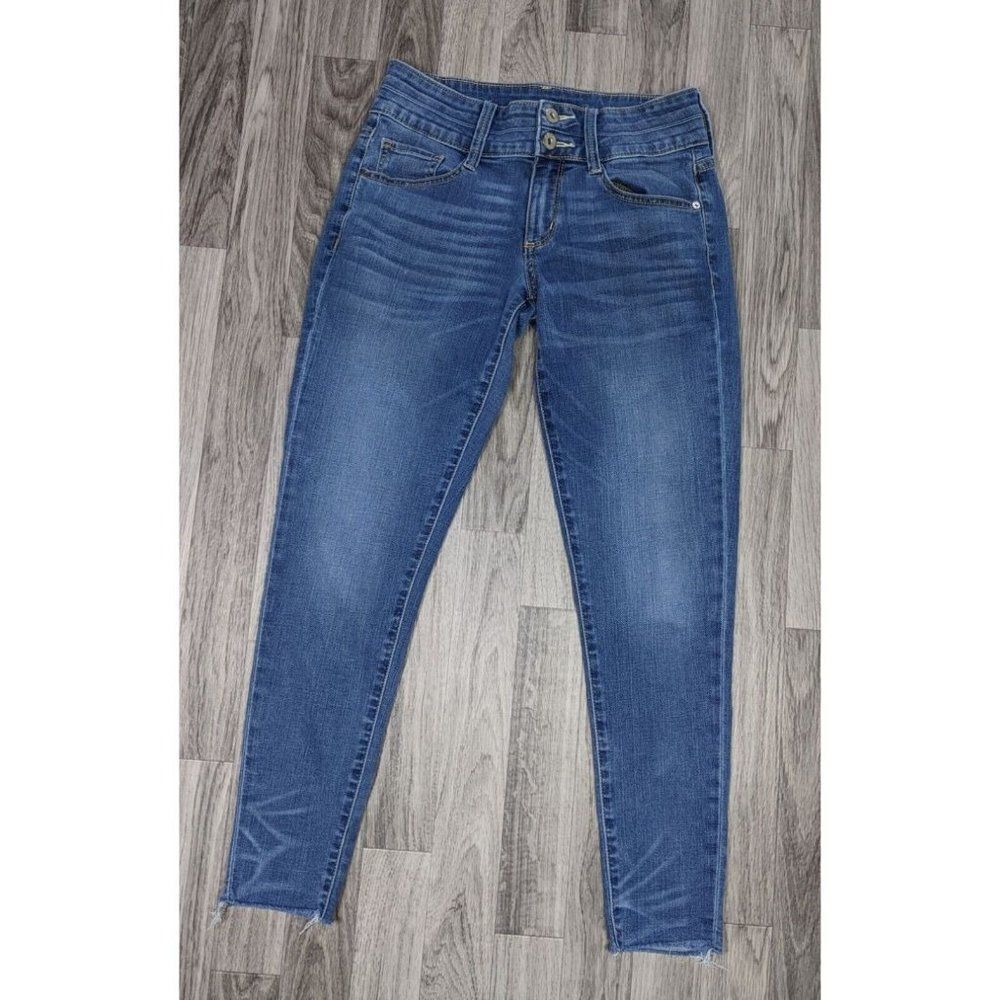 Arizona Jeans Sz 5 Fringe Hem Whiskered Skinny Cropped Denim Blue Jeans